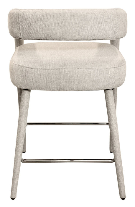 Ivory modern metal and fabric low back counter height bar chair with sleek design, suitable for kitchen or bar area.