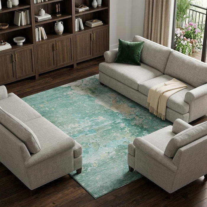 10' X 14' Abstract Washable Area Rug With UV Protection (692178) - Emerald / Pale Aqua / Ivory