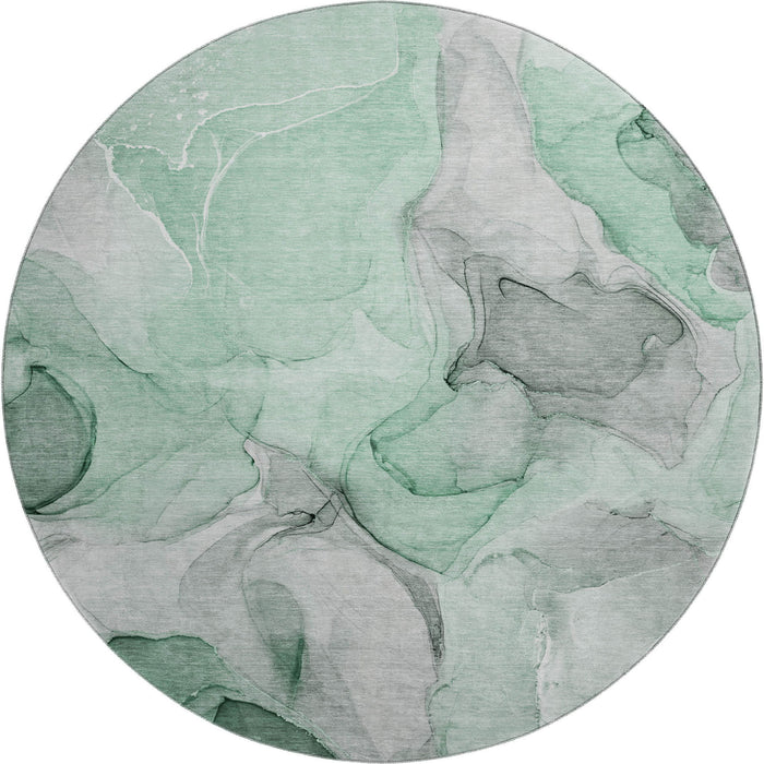 8' Abstract Washable Round Rug With UV Protection (646719) - Green / Gray / Ivory