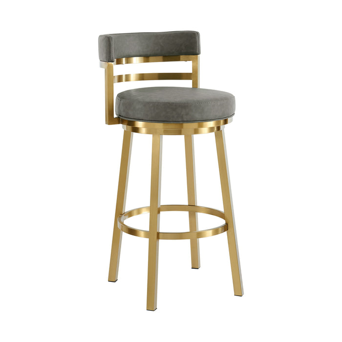 30" Faux Leather And Stainless Steel Low Back Bar Height Swivel Bar Chair - Gray / Gold