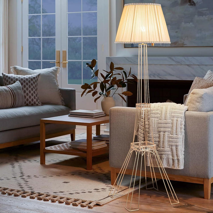 LED Light Changing Eiffel Tower Floor Lamp With Ivory Shade - Brass