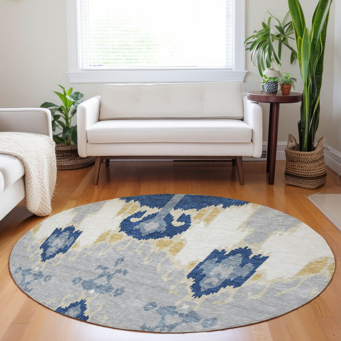 8' Ikat Washable Round Rug With UV Protection - Navy Blue