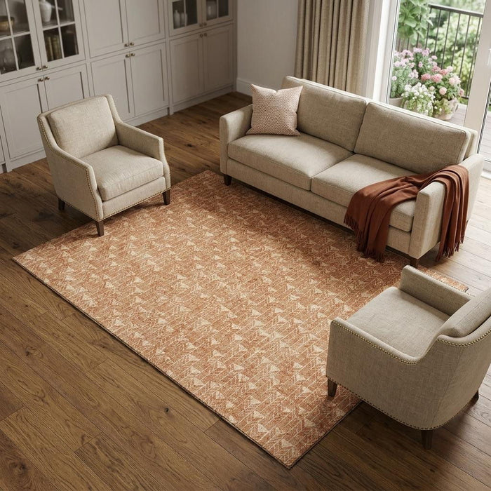 10' X 14' Geometric Washable Area Rug With UV Protection (647116) - Salmon / Ivory