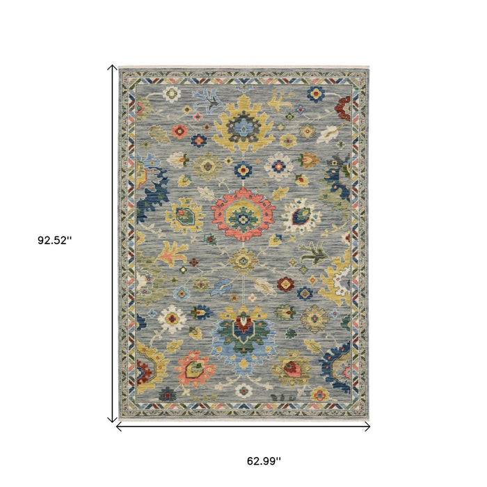 5' X 8' Oriental Area Rug With Fringe - Gray And Salmon