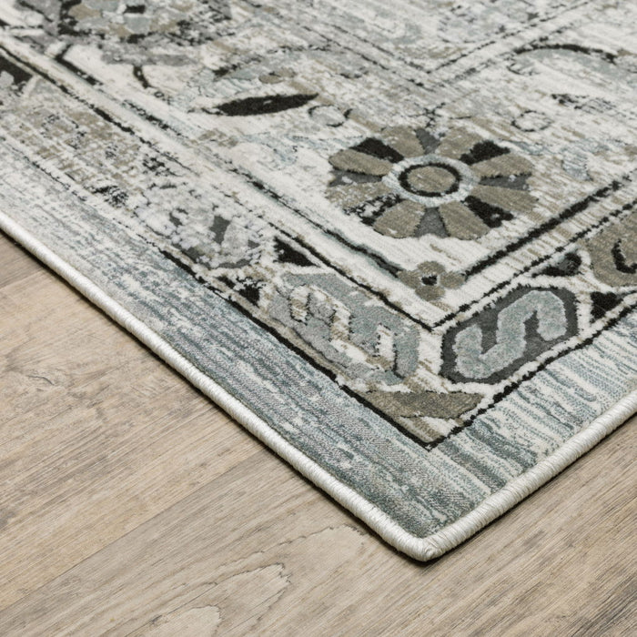 8' x 11' Oriental Power Loom Stain Resistant Area Rug - Ivory Gray Charcoal Blue And Taupe