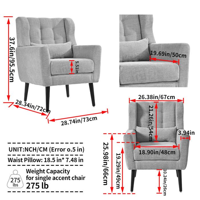 Giga modern upholstered armchair with soft padding, wooden legs, and pillow, ideal for living room or bedroom relaxation.