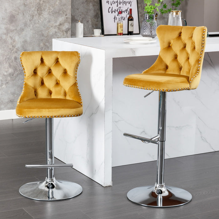 Set of 2 Giga modern upholstered swivel barstools with adjustable height, tufted backs, suitable for home pub or kitchen island.