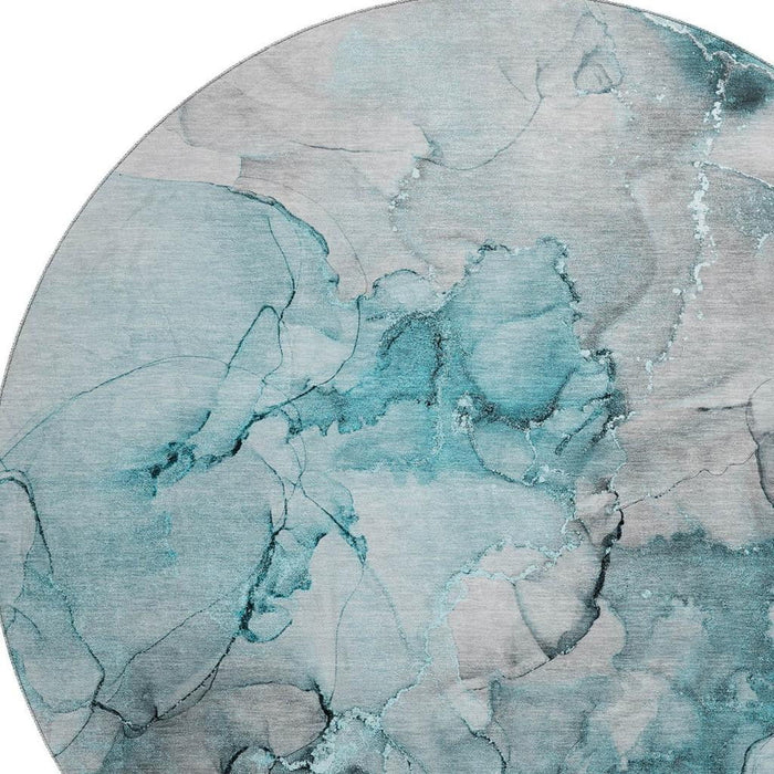 8' Abstract Washable Round Rug With UV Protection (647317) - Teal / Gray / Ivory
