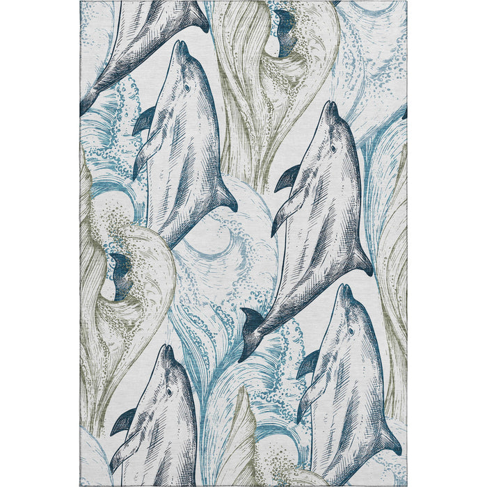 8' X 10' Denim Nautical Washable Area Rug With UV Protection - Ivory