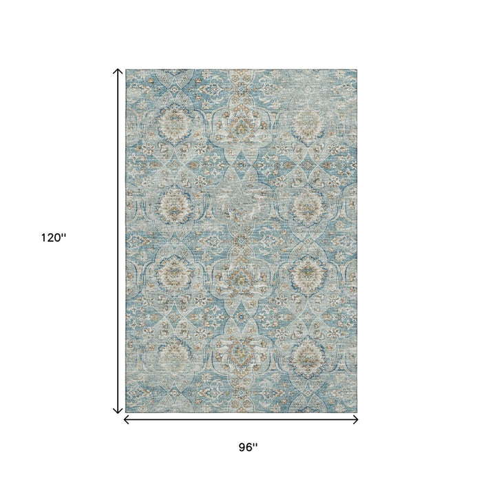 8' X 10' Floral Medallion Distressed Washable Area Rug With UV Protection (644584) - Persian Blue / Coffee / Ivory