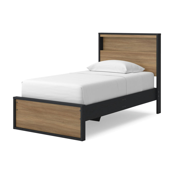 Kozmour Signature Design by Ashley panel bed frame with built-in bookcase, dark wood finish, showcasing the complete bed setup.