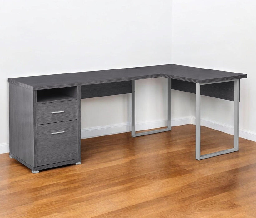 47" L Shape Computer Desk With Two Drawers - Gray And Silver