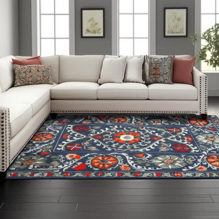 9' X 13' Tribal Washable Area Rug With UV Protection (610059) - Blue / Orange / Gray