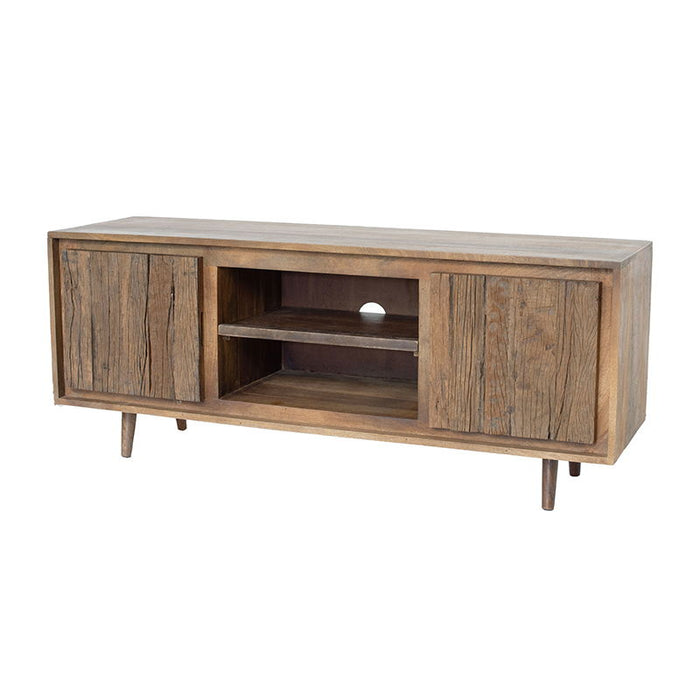 Giga brown TV cabinet with two doors made from recycled wood, modern design, suitable for living room entertainment setup.