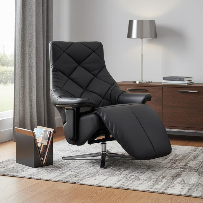 Tufted Genuine Leather Power Swivel Recliner (730545) - Black