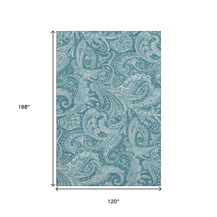 10' X 14' Paisley Washable Area Rug With UV Protection (654692) - Turquoise / Ivory