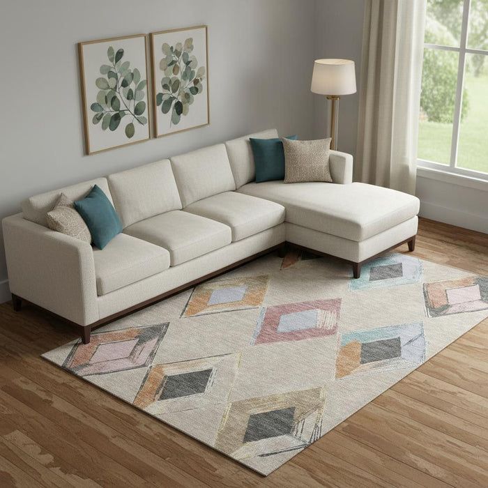 10' X 14' Geometric Washable Area Rug With UV Protection (710675) - Beige / Blue / Copper