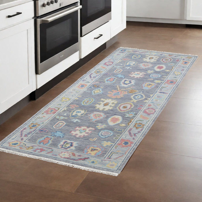 8' Persian Wool Oriental Hand Knotted Runner Rug With Fringe - Gray