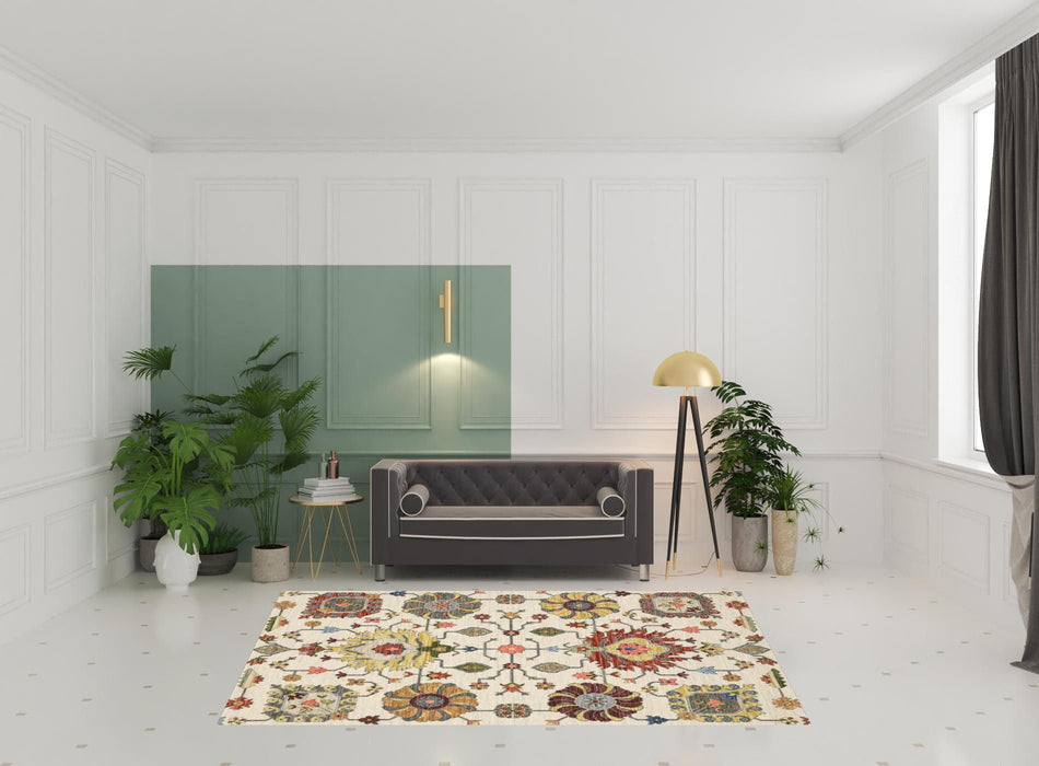 6' x 9' Oriental Power Loom Stain Resistant Area Rug With Fringe - Ivory Yellow Rust Green Gray Pink Orange Blue And Gray
