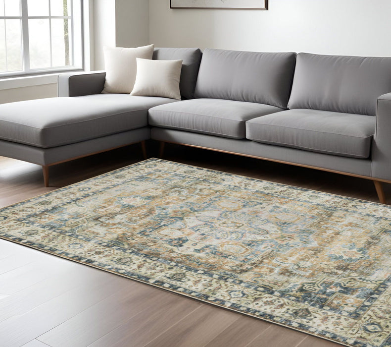 7' x 10' Oriental Printed Stain Resistant Non Skid Area Rug - Blue Gold Brown Green And Salmon