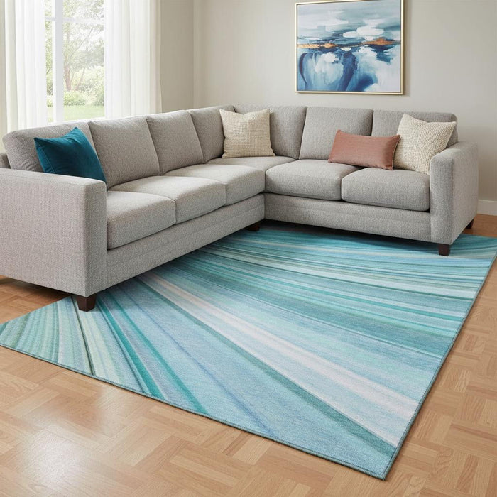 10' X 14' Abstract Washable Area Rug With UV Protection (650356) - Teal / Ivory