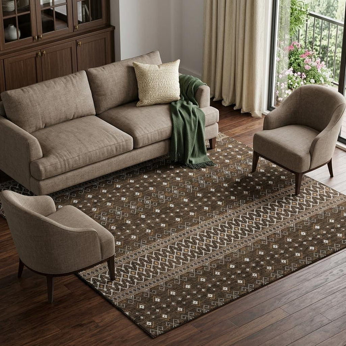 10' X 14' Tribal Washable Area Rug With UV Protection (657107) - Chocolate / Ivory