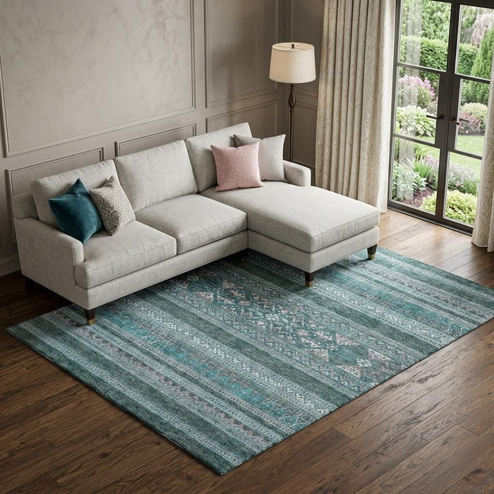 10' X 14' Southwestern Washable Area Rug With UV Protection (657461) - Teal / Ivory