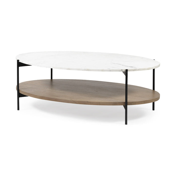 Oval Marble Top And Black Metal Base Coffee Table W Wood Shelf - White