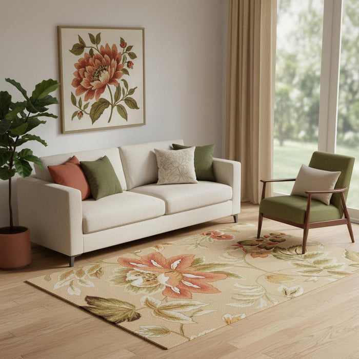 5' X 8' Botanical Leaves Hand Carved Handmade Area Rug (552613) - Beige / Red
