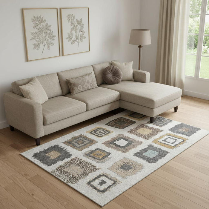 10' X 14' Geometric Washable Area Rug With UV Protection (711005) - Ivory / Gray / Brown