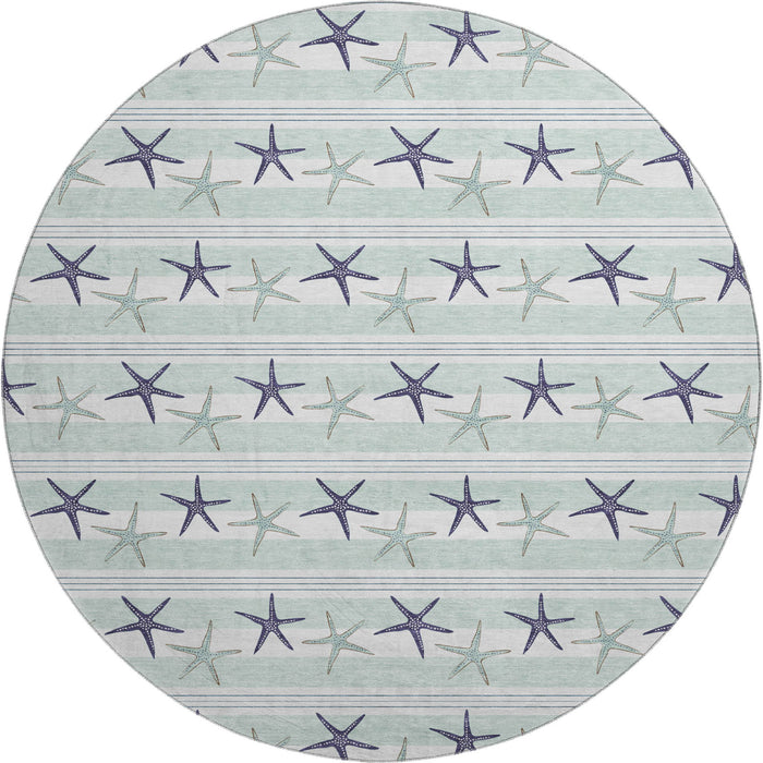8' Geometric Washable Round Rug With UV Protection (646124) - Aqua / Navy Blue / Ivory
