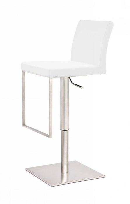 Faux Leather And Stainless Steel Swivel Low Back Adjustable Height Bar Chair - White And Silver