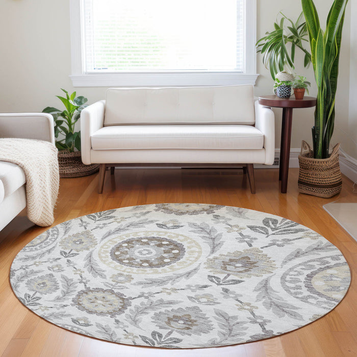 8' Floral Washable Round Rug With UV Protection - Silver And Beige
