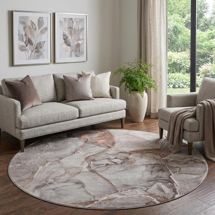 8' Abstract Washable Round Rug With UV Protection (647263) - Gray / Ivory