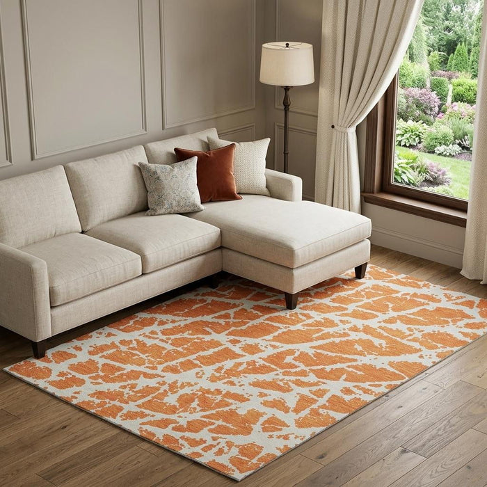 9' X 12' Abstract Washable Area Rug With UV Protection (646565) - Orange / Ivory