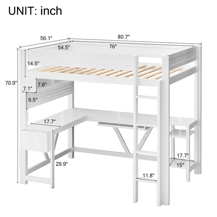 Giga gaming loft bed with desk, storage shelves, LED lights, and charging station, ideal for a functional and stylish bedroom setup.