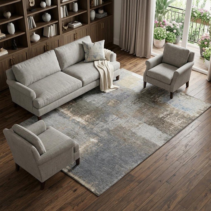 10' X 14' Abstract Washable Area Rug With UV Protection (693174) - Khaki / Silver / Blue