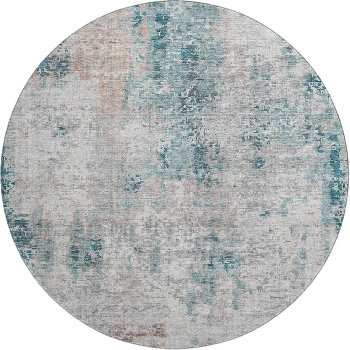 8' Copper Abstract Washable Round Rug With UV Protection - Teal
