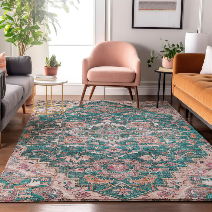 10' X 14' Floral Medallion Washable Area Rug With UV Protection - Emerald