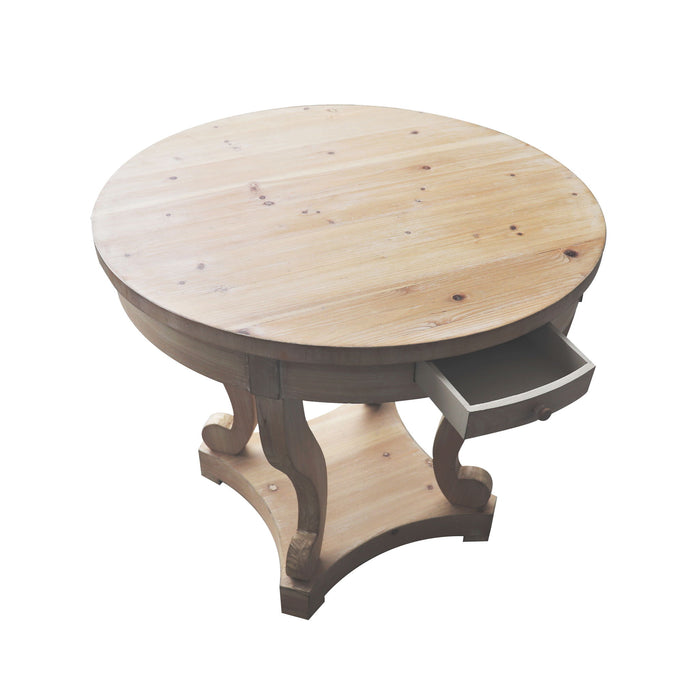 Giga farmhouse style small round side table with curved legs, natural distressed wood grain, ideal for dining or living room use