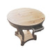 Giga farmhouse style small round side table with curved legs, natural distressed wood grain, ideal for dining or living room use