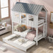 White and gray twin size Giga house bunk bed with roof, windows, and trundle, featuring a cozy design for kids' bedroom.