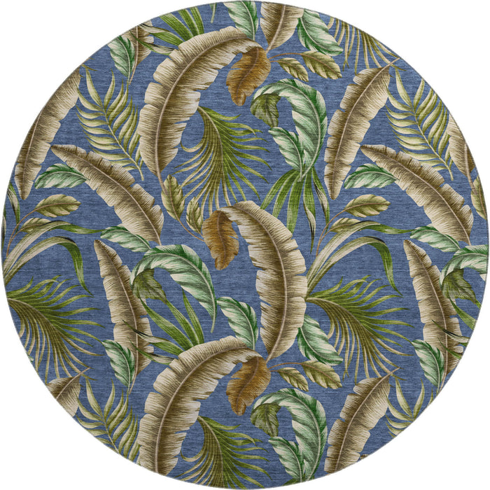 8' Geometric Washable Round Rug With UV Protection - Blue And Brown