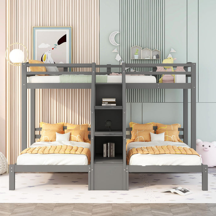 Gray Giga twin over twin bunk bed with built-in staircase and storage drawers, showcasing sturdy construction and space-saving design.