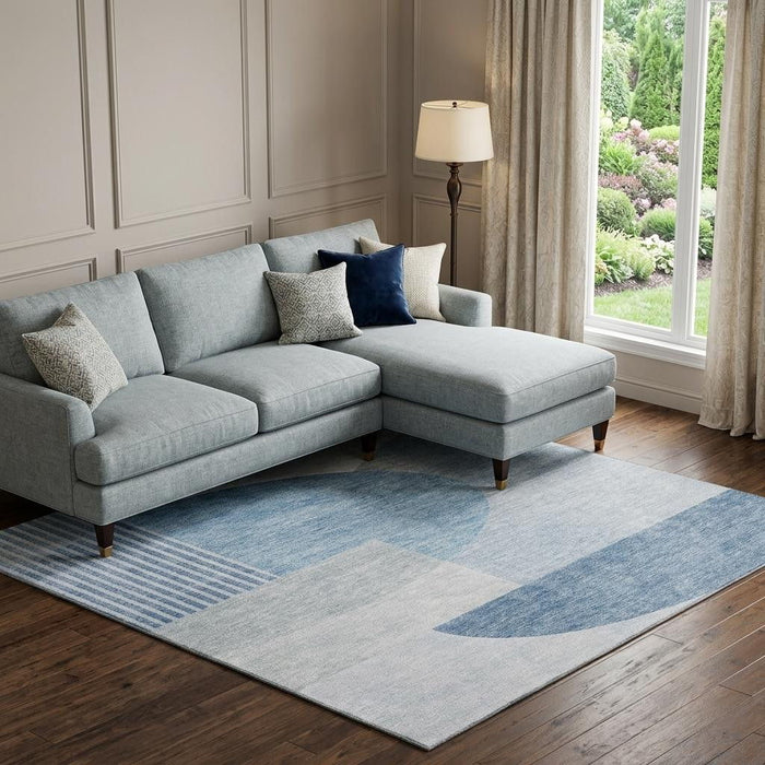 9' X 12' Geometric Washable Area Rug With UV Protection (655823) - Blue / Ivory