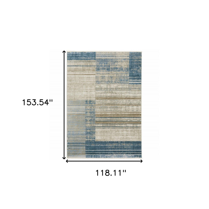 10' x 13' Geometric Power Loom Stain Resistant Area Rug With Fringe - Blue Dark Blue Teal Gray Ivory Beige And Tan