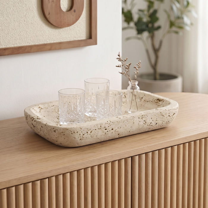 Meridian Furniture Joel travertine tray with elegant natural stone surface, perfect for serving or decorative display.