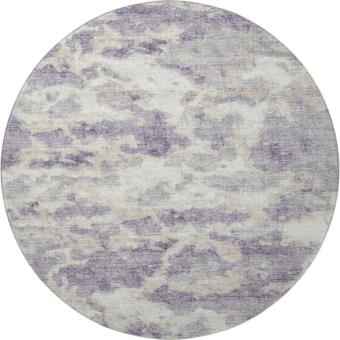 8' Abstract Washable Round Rug With UV Protection - Purple / Ivory