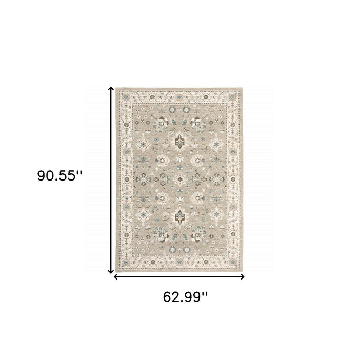 5' x 7' Oriental Power Loom Area Rug - Beige And Ivory