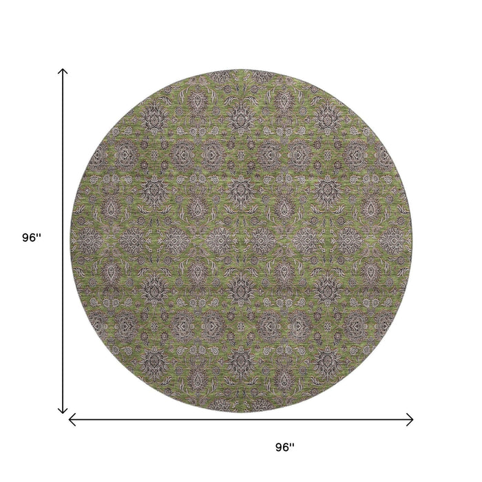 8' Floral Washable Round Rug With UV Protection (656846) - Olive Green / Beige